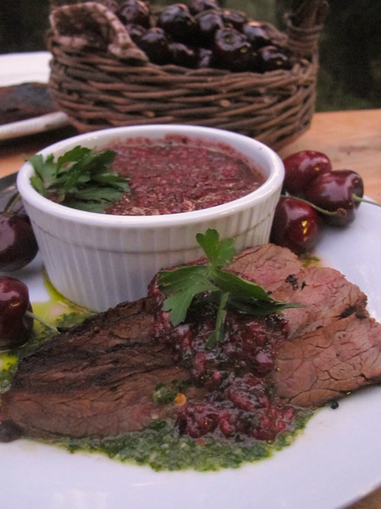 Grilled Skirt Steak with Cherry Chimichurri Sauce